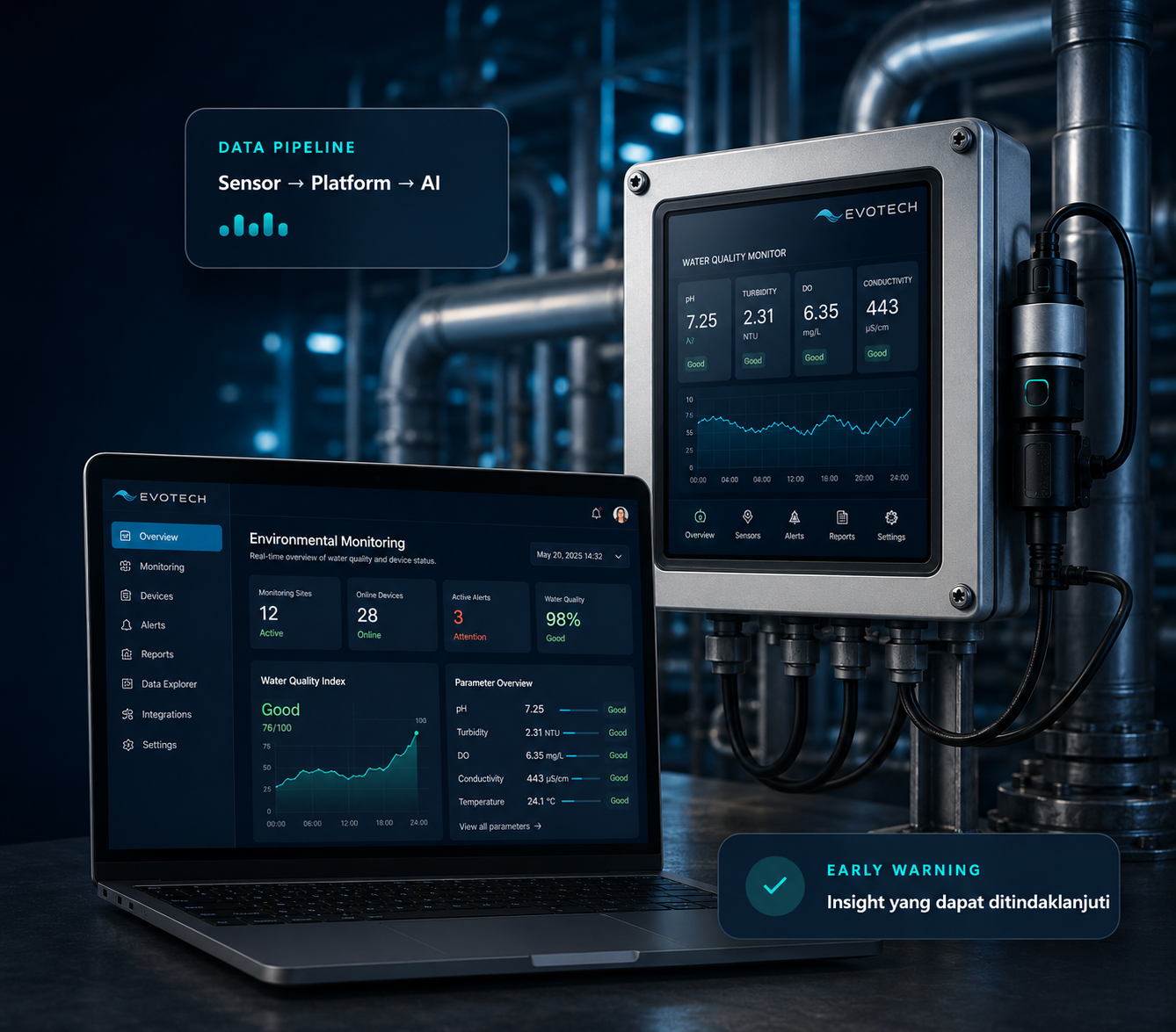 Panel sensor industri dan dashboard monitoring Evotech pada laptop